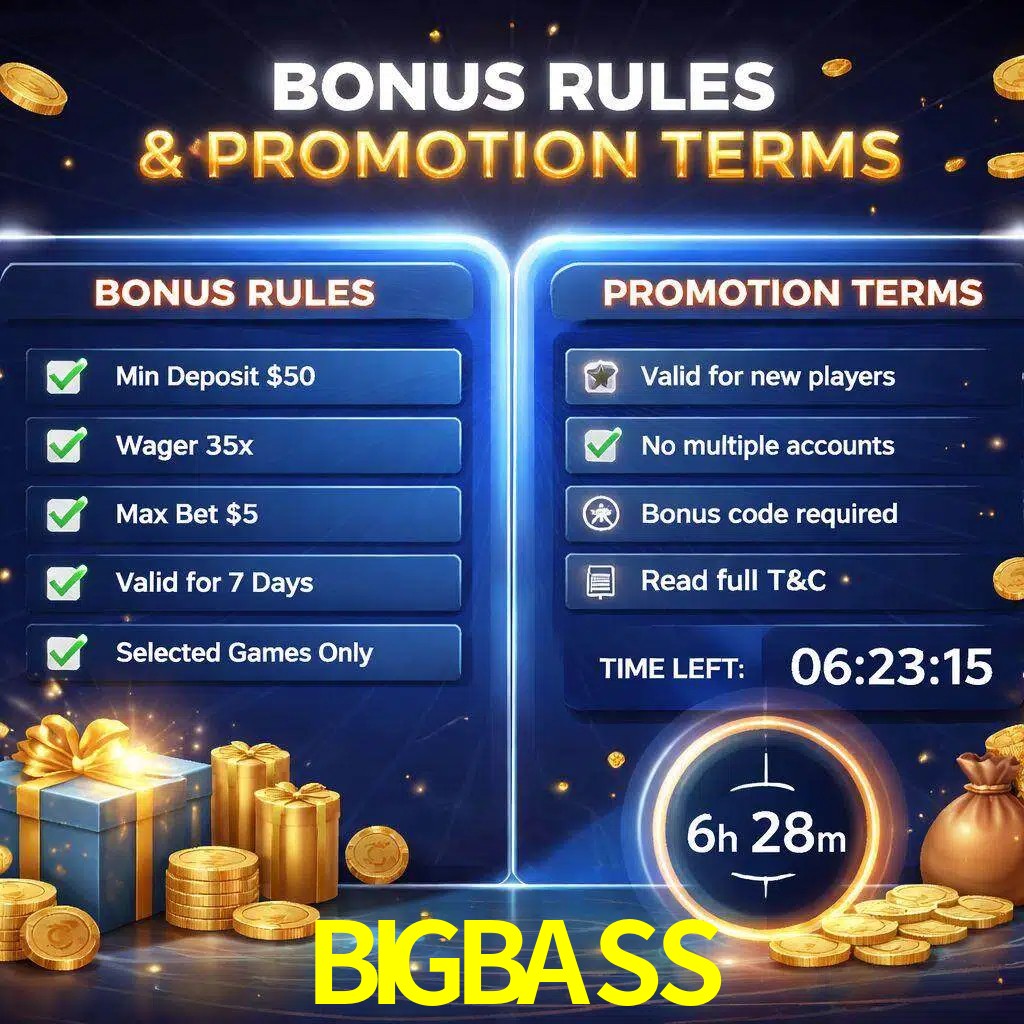 Reglas de promoción BIGBASS y condiciones de bonos explicadas visualmente