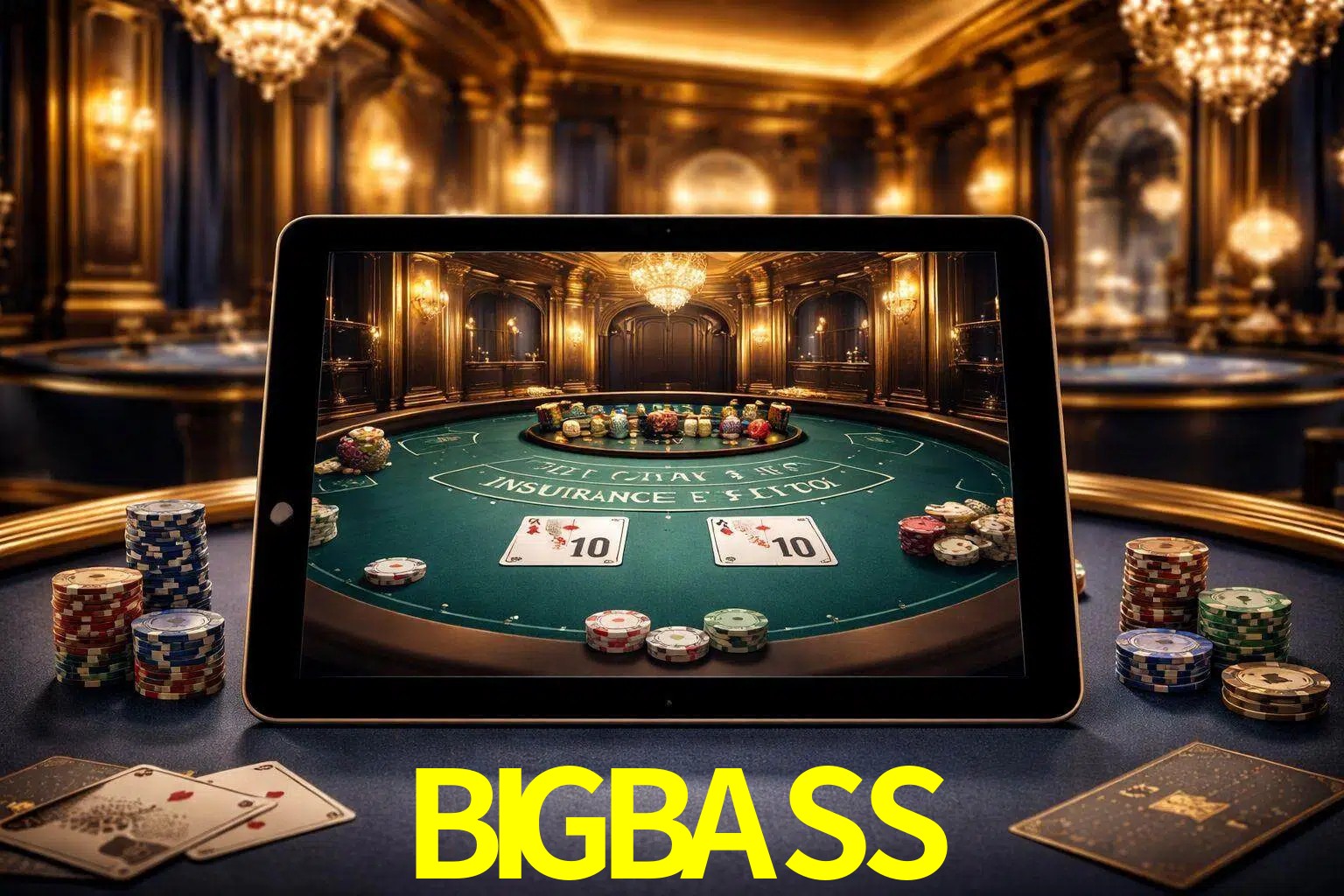 Configuración moderna de casino en vivo con una tableta mostrando una mesa de blackjack, luces cálidas de estudio y una atmósfera elegante de juegos digitales.